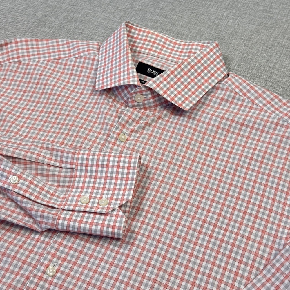 Hugo Boss Shirt Mens 44‎ (17.5) Pink Check Spread Collar Long Sleeve 100% Cotton